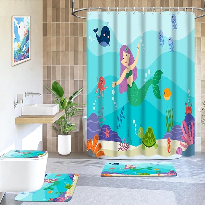 Lnond 4 Pcs Kids Bathroom Shower Curtain Set, Blue Mermaid Bathroom Sets for Kids Bathroom Decoration with Shower Curtain, Non Slip Bathroom Rugs, Toilet Lid Cover, U Toilet Mat and 12 Hooks