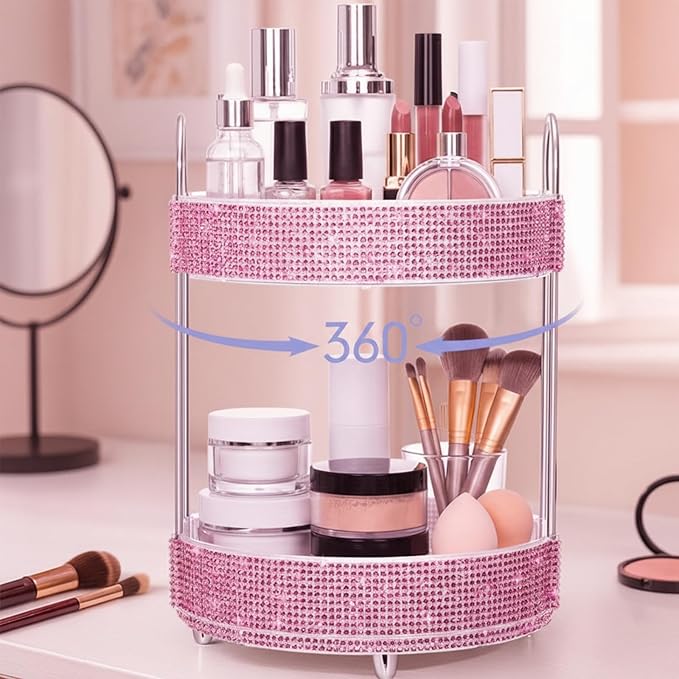 Honeydak 360 Rotating Perfume Organizer for Mother Day Nurse Day Rhinestone Bathroom Counter Organizer Makeup Holder Skincare and Perfume Storage for Cosmetic Countertop(2 Tiers,Resin Stone,Pink)