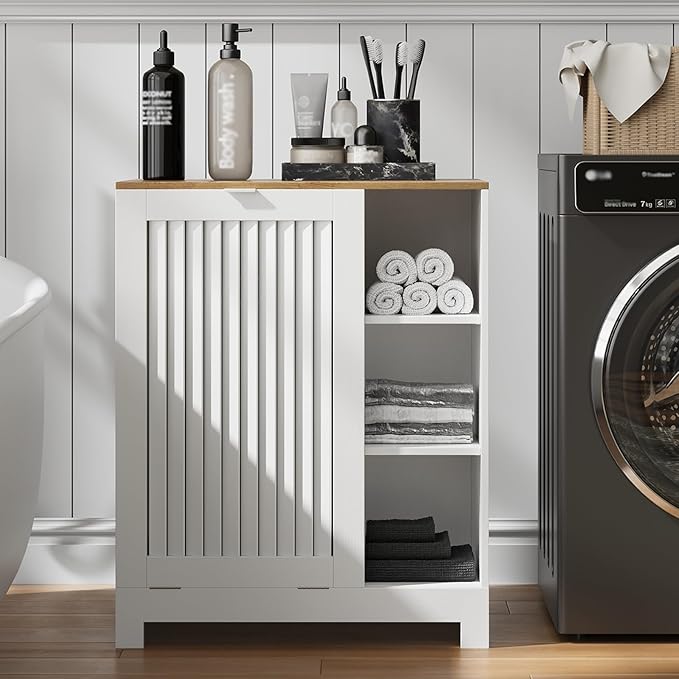 Laundry Hamper Cabinet with Tilt-Out Door - 2-in-1 Moisture-Resistant Storage with Removable Basket & 3 Open Shelves, Freestanding Organizer for Laundry Room, Bathroom