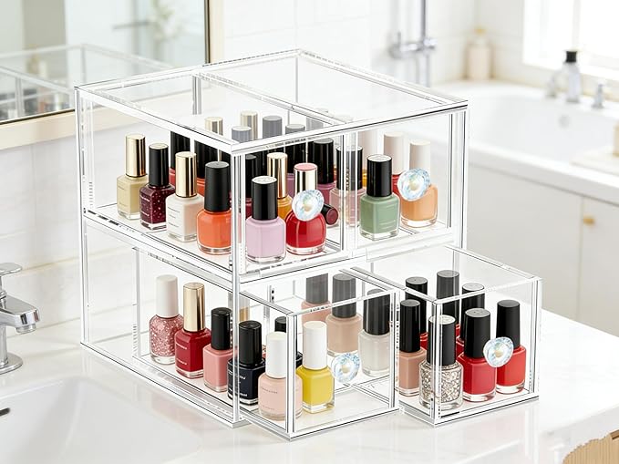 HESIN Clear Acrylic Makeup Organizer with 4 Drawer Trays, Cosmetic Storage for Bedroom, Bathroom, Countertop, Dresser (Medium, 4)