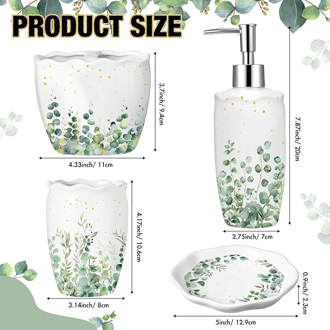 Newtay Sage Bathroom Accessories Set 4 Piece, Ceramic Soap Dispenser with Pump, Toothbrush Holder, Tumbler Cup & Soap Dish, Botanical Greenery Countertop Decor, White with Gold Speckles