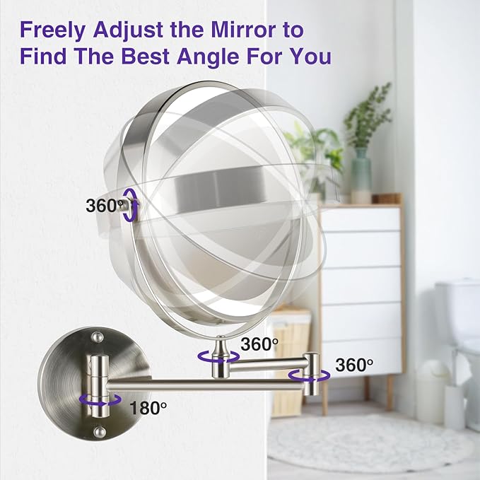 GREENFROM Magnifying Mirror with Lights 1x/15x: 8.5" Double Sided Wall Mounted Lighted Makeup Mirror for Bathroom, Brushed Nickel