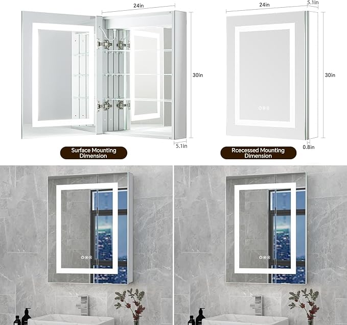 24x30 Bathroom Mirror LED Medicine Cabinet with Lighted 3 Colors, Recessed Surface Wall Mounted LED Medicine Cabinet, Anti-Fog Tempered LED Mirror with Storage, Stepless Dimming, 2 Outlets,