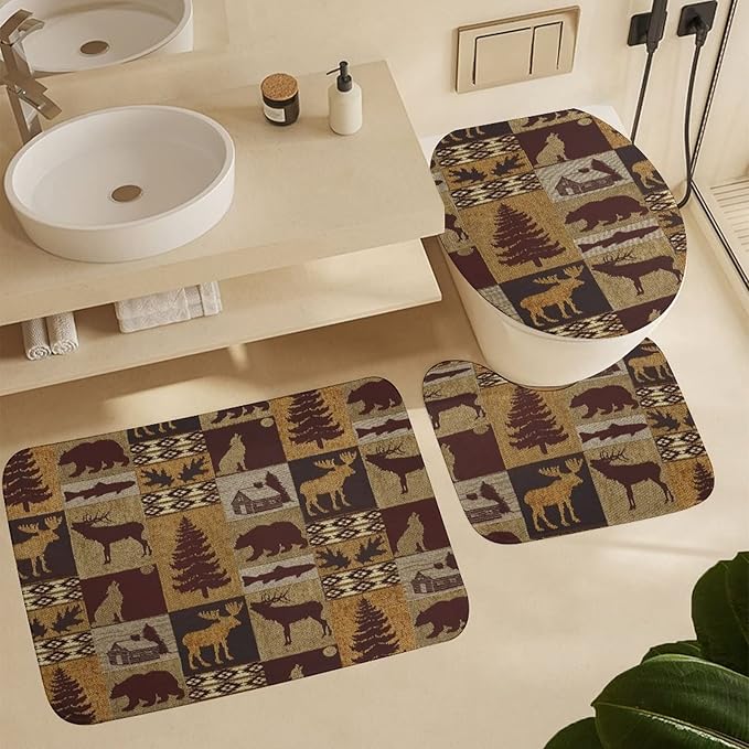 Retro Rustic Bear Country Style 4 Piece Shower Curtain Sets, Non-Slip Rugs, Toilet Lid Cover and Bath Mat, Durable and Waterproof, for Bathroom Decor Set One Size