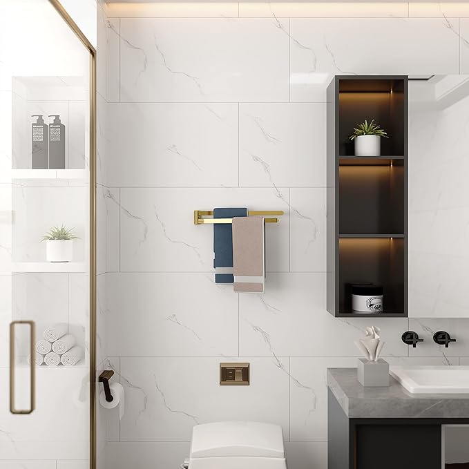 BGL Swivel Towel Bar Brushed Gold,Two Arms Wall Mount Towel Hanger Holder for Bathroom Organizer