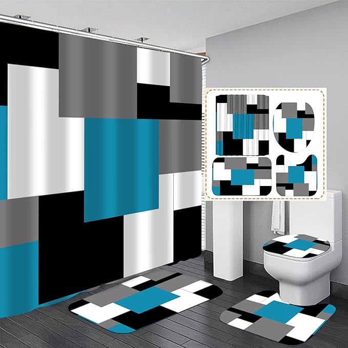Yizheer 4Pcs Geometric Blue Modern Bathroom Shower Curtain Set with 12 Hooks Bath Mat Toilet Cover U Shaped Mat- PEVA Material, 72x72 Inches, Bathroom Curtain for Bathtub (Blue)