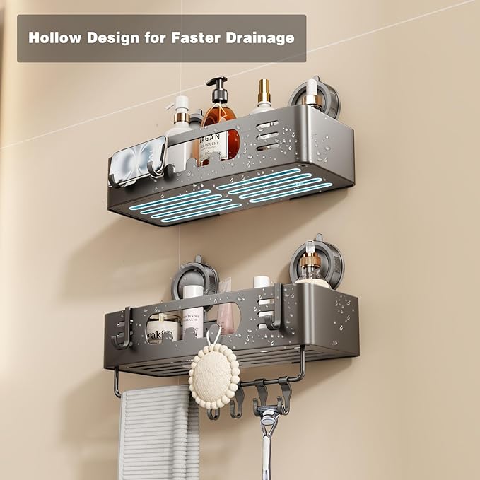 Voldra Shower Caddy Suction Cup, Shower Shelves for Inside Shower No Drilling, Aluminum Suction Showers Organizer for Wall with Towel Bar & Hooks Removable Bathroom Storage Rack(1 Pack-Gray)