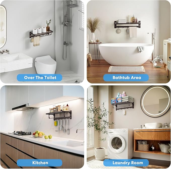 90° Foldable Towel Racks for Bathroom Wall Mounted with Rustproof Aluminum Towel Bar5 Towel Hooks 23IN Shelves Organizers Storage for RV Hotel Lavatory Kitchen Home Decor, Matte Gun Grey