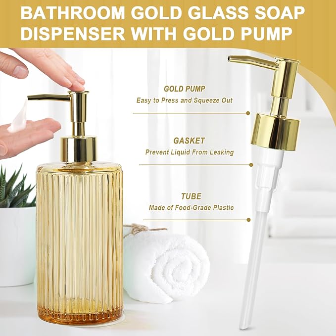 KASUNTING Gold Bathroom Accessories 4 Pcs, Gold Glass Soap Dispenser and Toothbrush Holder Set, Qtip Holder Set, Glass Bathroom Soap Dispenser Set, Yellow Orange Bathroom Decor