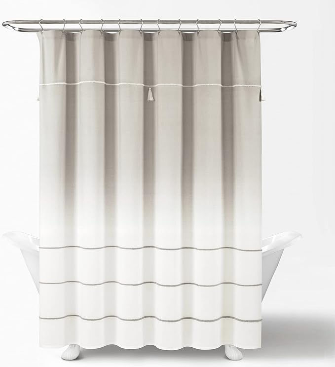Lush Decor Ombre Embroidery Tassel Cotton Shower Curtain, 72" x 72", Gray