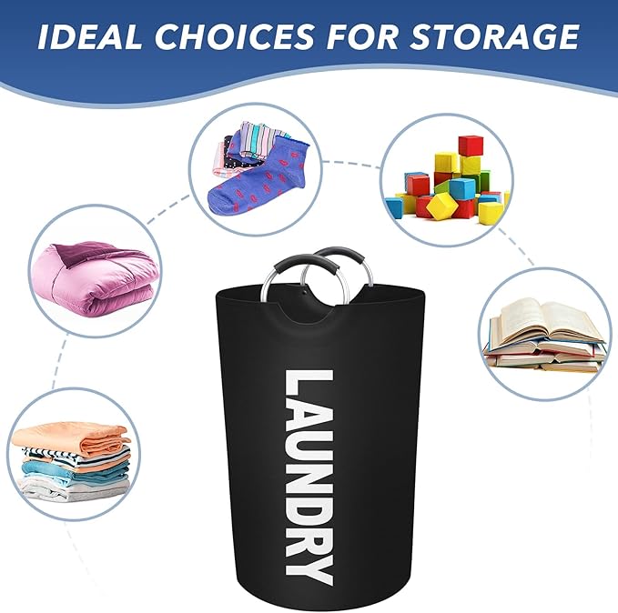 90L Large Laundry Basket, Freestanding Waterproof Laundry Hamper, Collapsible Folding Tall Clothes Hamper, Easy Carry with Foam Protected Aluminum Handles for Dorm, Family, Travel (Black)