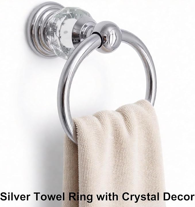Silver Towel Ring with Crystal, Round Hand Towel Holders for Bathrooms, Stainless Steel Hand Towel Rack Wall Mounted for Luxury Modern Bathroom, Kitchen, Hotel