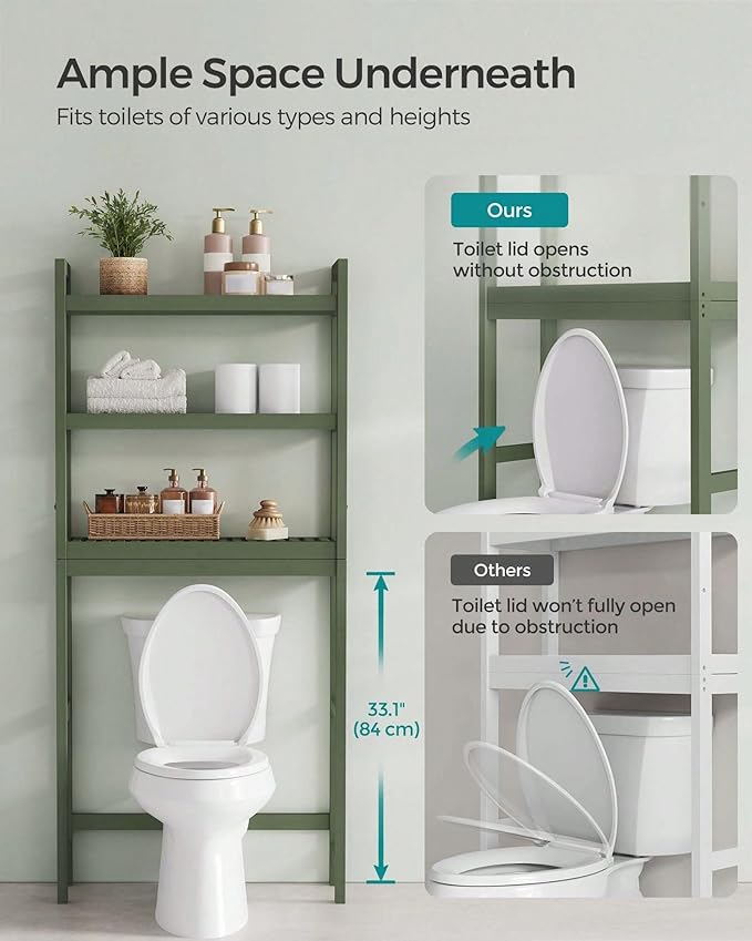 Over the Toilet Storage, 3-Tier Bamboo Bathroom Organizer with Adjustable Shelf, Space-Saving Rack, 66.9" Tall (Green)