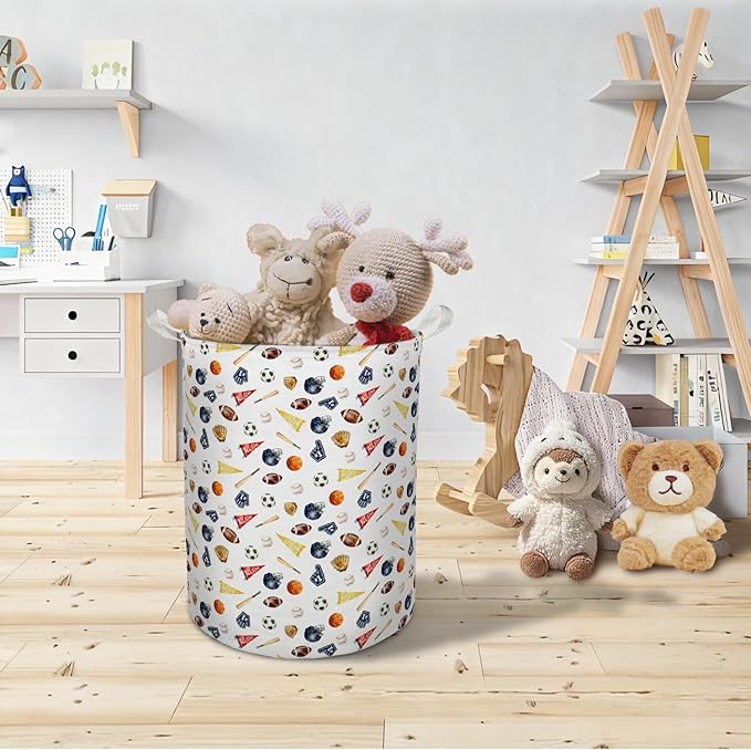 Sports Boys Laundry Basket Hamper, Sports Nursery Decor, Different Kinds Balls Foldable Clothes Toys Books Storage Box Bins Baskets Organizer for Kids Boys Room Bedroom Playroom