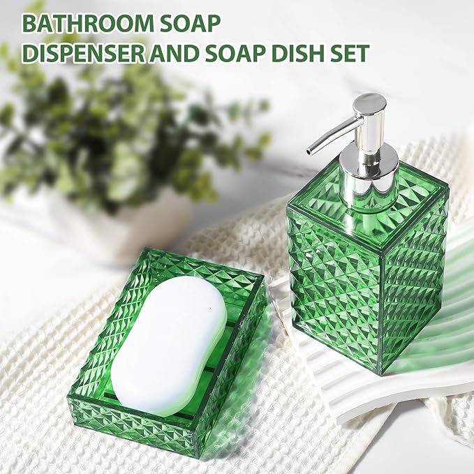 RYTOXILO Green Bathroom Accessories Set, 4 Pack Green Bath Accessory Sets Complete, Acrylic Soap Dispenser and Toothbrush Holder Set for Bathroom Counter Sink, Modern Bathroom Decor