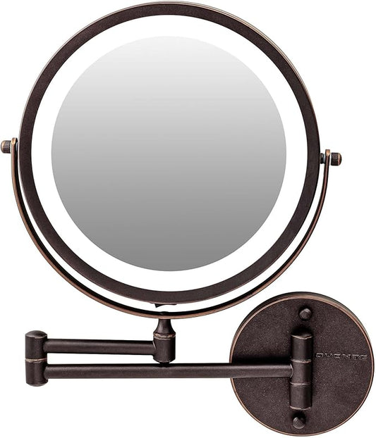 OVENTE 9" Lighted Wall Mount Makeup Mirror with 1X/7X Magnification, Cordless Double Sided Magnifying Round Vanity Mirror, 360° Swivel Design, Extendable and Folding Arm, Antique Bronze MFW85ABZ1X7X