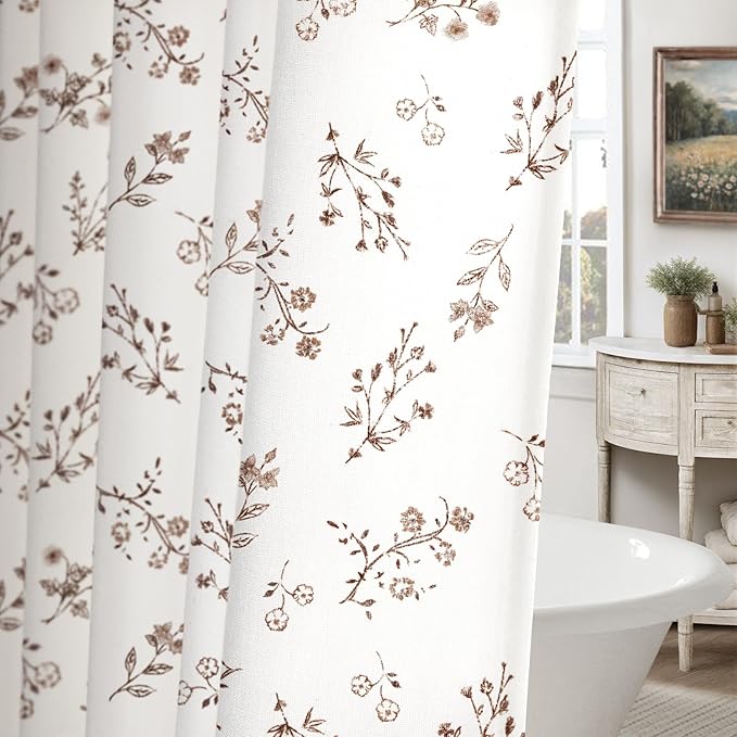 Brown Floral Farmhouse Vintage Cotton Shower Curtain, French Country Shower Curtains for Bathroom, 72Wx72H