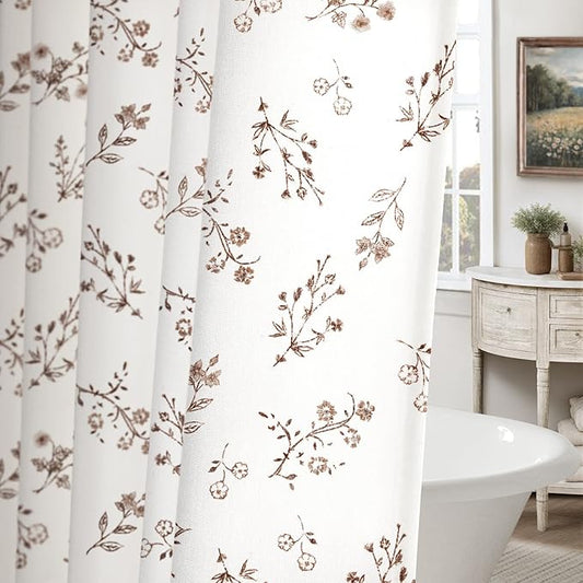 Brown Floral Farmhouse Vintage Cotton Shower Curtain, French Country Shower Curtains for Bathroom, 72Wx72H