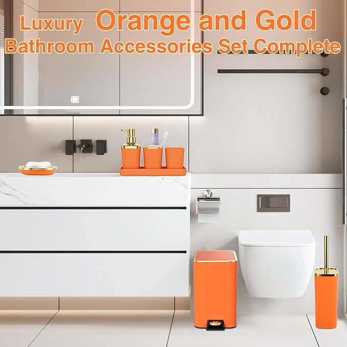 XLHOMO Bathroom Accessories 8 Piece Orange and Gold Bathroom Set, Bath Accessories with Stainless Steel Trash Can,Toilet Brush,Toothbrush Set,Soap Dispenser