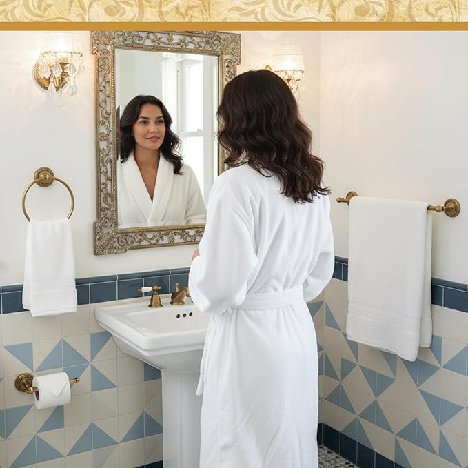 4 Pcs Antique Brass Gold Bathroom Accessories Set Wall-Mounted Adjustable Towel Rack & Round Towel Ring & Toilet Paper Holder & Robe Hook, Wall Mounted Brass Vintage Bath Hardware Set
