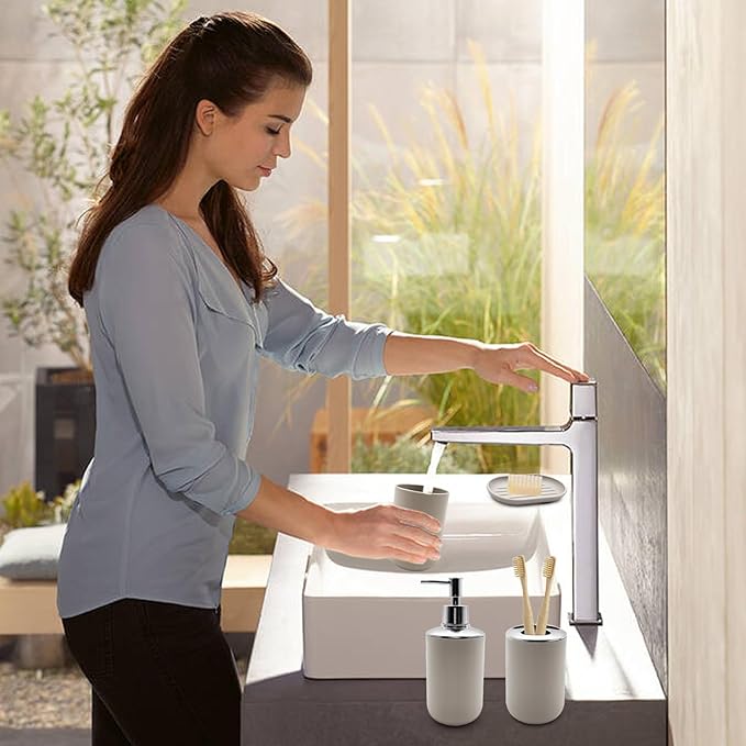 Bathroom Accessory Set, 4 pcs Shatter-Resistant Resin Bathroom Accessories Set Include Lotion Soap Dispenser Toothbrush Holder Soap Dish Modern Bathroom Decor, Gift for Home (Beige 4pcs)