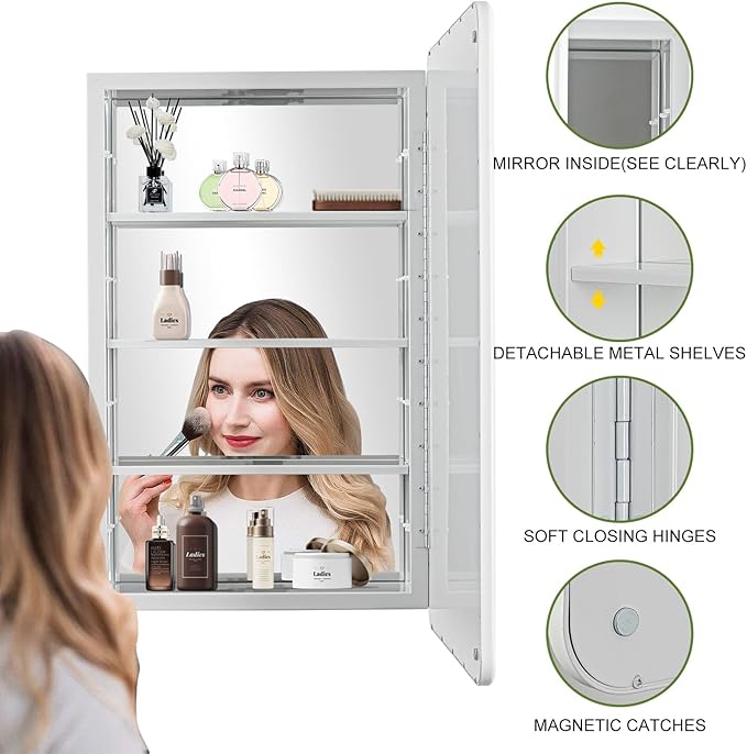 17 x 27 White Bathroom Medicine Cabinet with Mirror Metal Frame Recessed Or Wall Mounted Single Door Storage Medicine Cabinets with Adjustable Shelves Rounded Corner