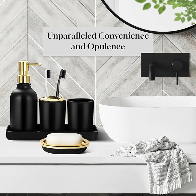 Black and Gold Bathroom Decor, 10Pcs Black Bathroom Accessories Set, Soap Dispenser and Toothbrush Holder, Soap Dish, Cotton Ball & Qtip Holder, Toilet Brush Holder, Tissue Box Cover