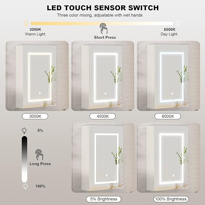 Lighted Medicine Cabinet with Mirror,Led Medicine Cabinets Wall Mounted, Memory 3-Color Mode, Dimmer,Surface Mount Bathroom Medicine Cabinet Mirror,20x28Inch