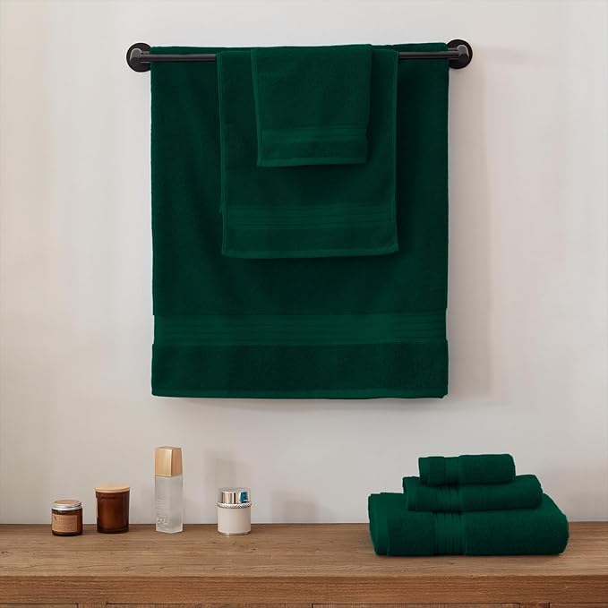 COZYART Dark Green Towels Set for Bathroom 3Pcs, Turkish Cotton Bath Towels Sets for Bathroom Soft Highly Absorbent 650 GSM with 1 Bath Towel, 1 Hand Towel, 1 Washclothe