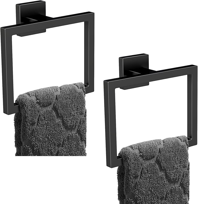 2 Pack Matte Black Hand Towel Holder, Stainless Steel Wall Mounted Hand Towel Holder for Bathroom, Modern Square Towel Ring for Bath, Kitchen, RV