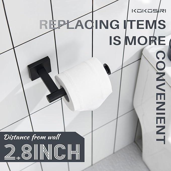 KOKOSIRI 20-Inch Bathroom Shelves Glass Floating Shelf Toilet Roll Holder Toilet Paper Holder Stainless Steel Matte Black B1105BK-L20+B2008BK