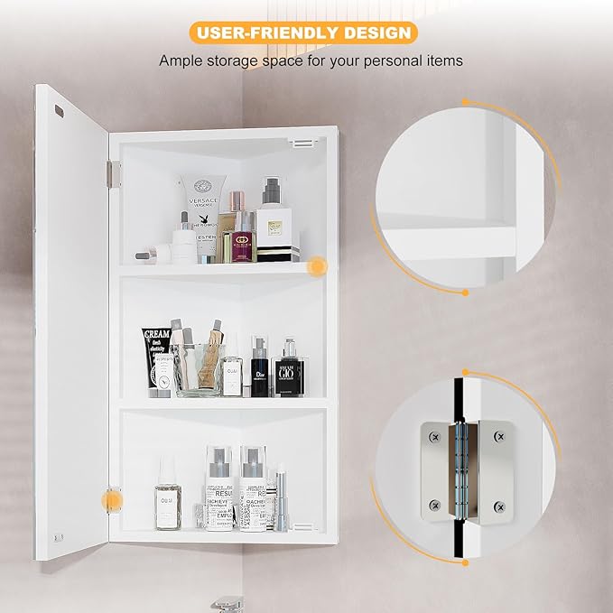 Bathroom Corner Medicine Cabinet with Mirror, Corner Wall Mount Medicine Cabinet with 3 Storage,Small Corner Cabinet for Bathroom, Opens Right to Left, 2 Fixed Shelves,White,24x14