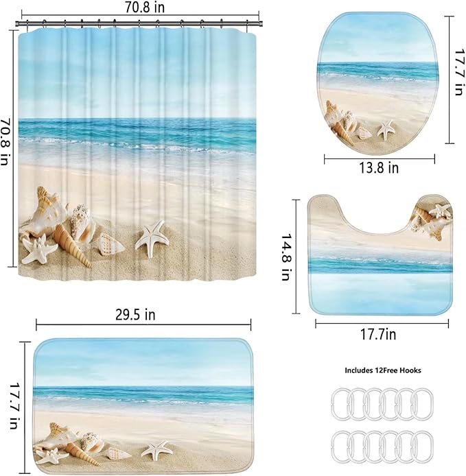 Chrainy 4Pcs Summer Beach Shower Curtain Sets Sea Bathroom Set Decor with Non-Slip Rugs Bath U-Shaped Mat Toilet Lid Cover Waterproof Bathroom Curtain Shower Set with 12 Hooks