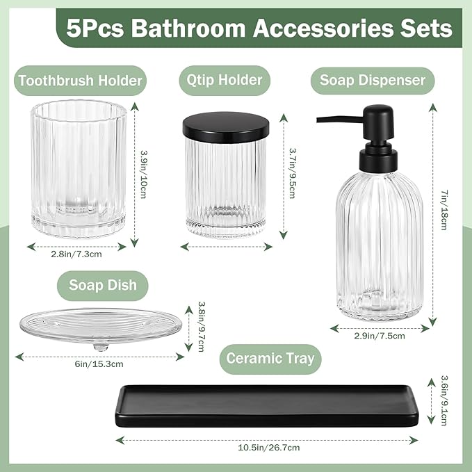 Shinowa Bathroom Accessories Set, 5 Pcs Clear Glass Bathroom Accessory Sets Complete with Soap Dispenser, Toothbrush Holder, Q-Tips Holder, Soap Dish, Ceramic Tray, Countertop Vanity Organizer
