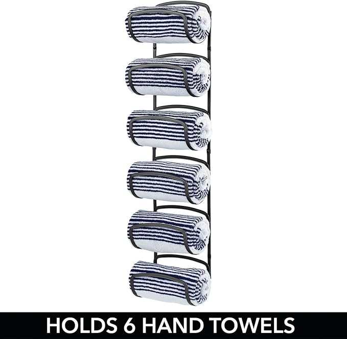 mDesign Metal Towel Shelves – Towel Rack for The Bathroom with 6 Compartments – Practical Bathroom Accessories for Both Large and Small Towels – Black