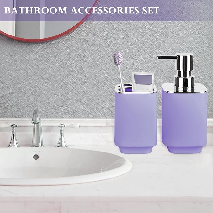 Purple Bathroom Accessories 2 Pieces, Soap Dispenser and Toothbrush Holder Set for Boho Bathroom