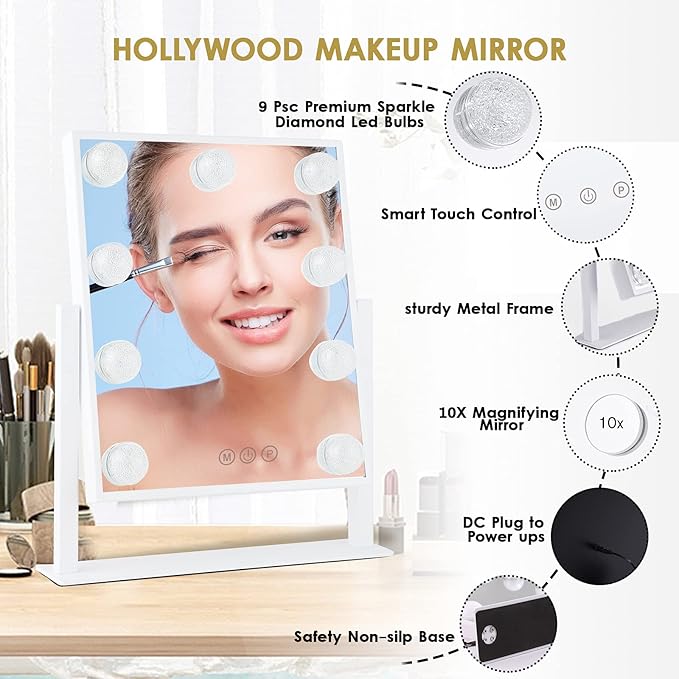 BWLLNI Vanity Mirror with Lights, Hollywood Lighted Makeup Mirror with 3 Color Modes and 9 Dimmable Diamond LED Light Bulbs, Detachable 10X Magnification, 360° Rotation, Touch Control, White