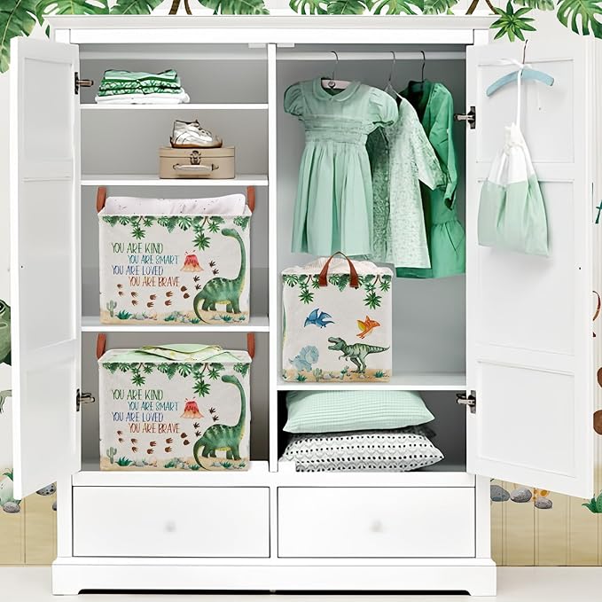 Dinosaur Nursery Decor Baby Gift Basket with Inspirational Quotes Large Kid Storage Chest Trunk Woodland Stone Volcano Book Shelf Basket Collapsible Clothes Toy Bin for Baby Rectangle Hamper,36L