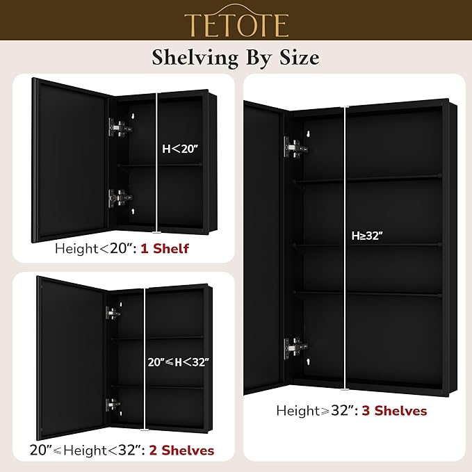 TETOTE 15 x 26 Medicine Cabinet with Tempered Beveled Mirror Black Bathroom Mirror with Storage Aluminum Cabinet DTC Hinges, Stepless Adjustable Shelves, Recessed/Surface-Mounted