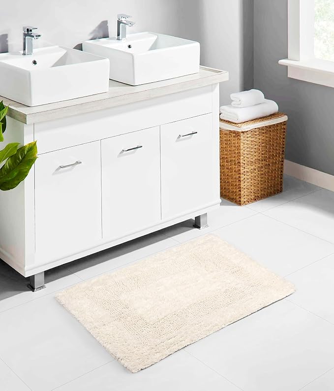 COTTON CRAFT Luxurious Bath Mat Rug - Set of 2 Reversible Heavyweight Step Out Bath Mats for Bathroom Floor, Tub and Shower - Pure Cotton Soft Plush Absorbent Tufted Racetrack Mat - 17 x 24 in - Ivory