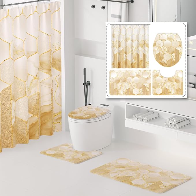 XLHOMO Bathroom Sets with Shower Curtain and Rugs - 4PC Beige Geometric Shower Curtain Set with 12 Hooks, Toilet Cover, U-Shaped Mat and Rugs Modern Abstract Bathroom Accessories for Bathroom