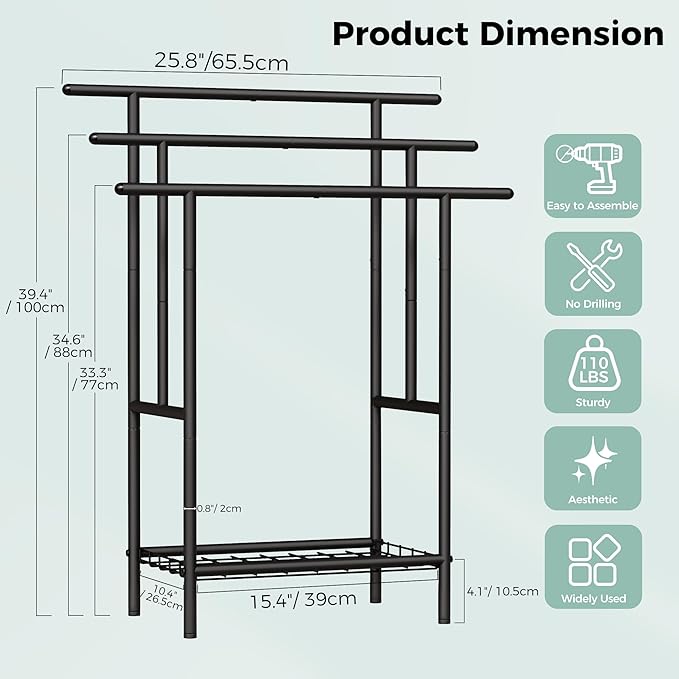 Free Standing Towel Racks for Bathroom, 3-Layer Towel Drying Rack with Storage Rack, Black Metal Pool Towel Rack Outdoor, 12" W x 25.8" L x 39.4" H, UXJMJ002B