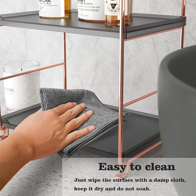 2-Tier Countertop Organizer Cosmetic Storage Rack Vanity Tray Stackable Standing Storage Shelf with Experience Manual(Rose Gold + Black)
