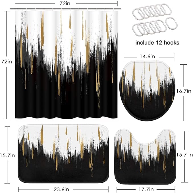 Black Gold White Shower Curtain Set with Toilet Lid Cover and Non-Slip Rugs for Bathroom, Modern Oil Painting Abstract 4 Pcs Shower Curtain, Bathroom Set with 12 Hooks