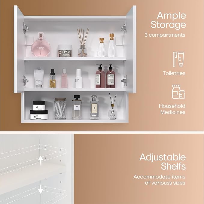 Bathroom Cabinet with Mirror, Wall Cabinet with 2 Mirrored Doors, Adjustable Shelf, Open Compartment, Wall-Mounted, 24x24 Inches, White (Assembly Required)