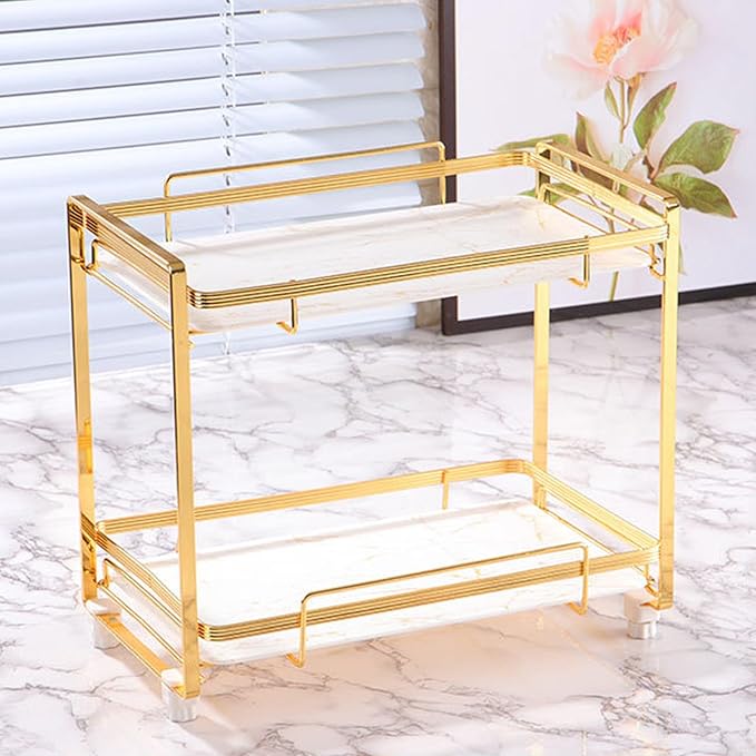 Toyvian 2-Tier Bathroom Counter Organizer Shelf, Marble Texture Alloy Frame with Anti-Slip Feet, Cosmetic Rack and Corner Storage Shelf for Bathroom and Vanity Storage