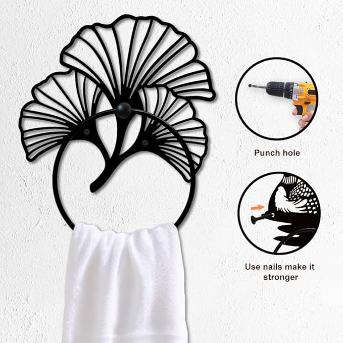 MAYJOYDIY Ginkgo Leaf Metal Towel Ring Plant Leaves Towel Holder for Wall Natural Plant Ginkgo Biloba Black Art Towel Rack Wall Mounted for Bathroom Kitchen Towel Hanger Home Decors Gift