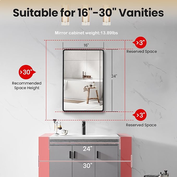 16x24 inch Medicine Cabinet with Mirror, Black Recessed or Surface Wall Mount Bathroom Cabinets with Adjustable Shelves and Metal Framed