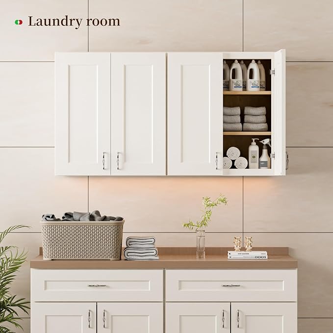 Kisart Laundry Room Cabinets Wall Mounted with Doors & Shelves, Solid Wood RTA Medicine Storage Cabinet, 30Wx30Hx12D Inch White Shaker Hanging Cupboard, Space-Saving for Kitchen, Bathroom, Garage