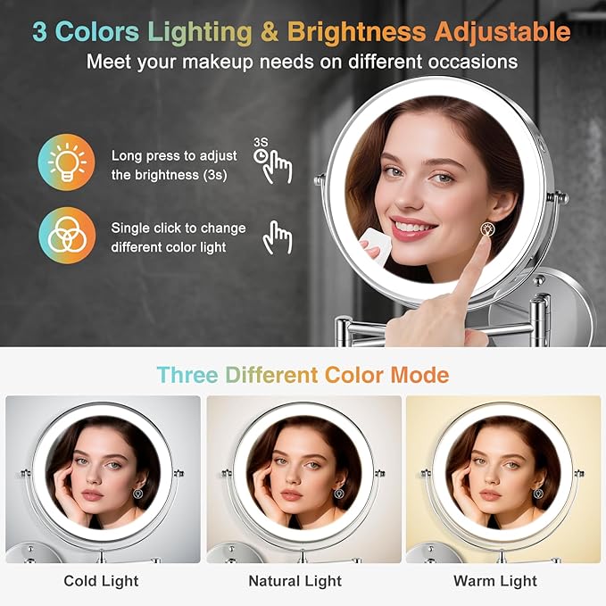 GREENFROM 30X LED Lighted Makeup Mirror: 8.5in Wall Mounted Magnifying Mirror with Light - Chrome